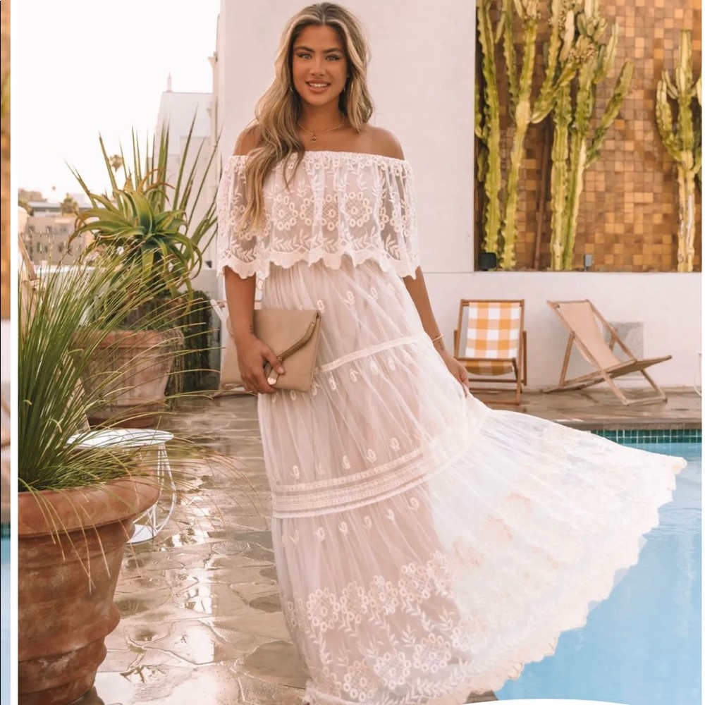 Flower Child Off the Shoulder Lace Maxi Dress